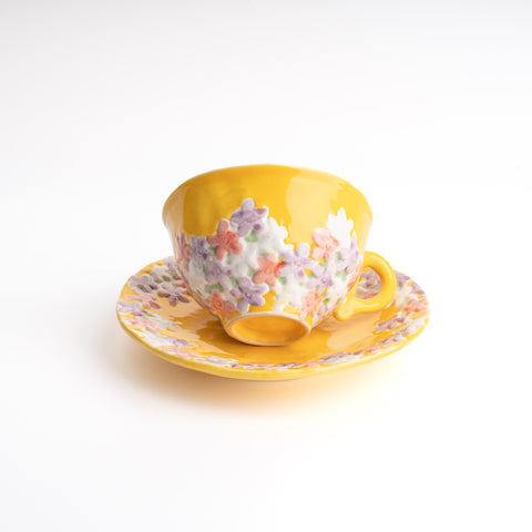 Seto Ware Uki-Bana Cup With Saucer - Yellow