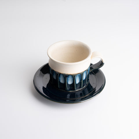 Handmade Crude Ceramic Mug & Saucer - Navy