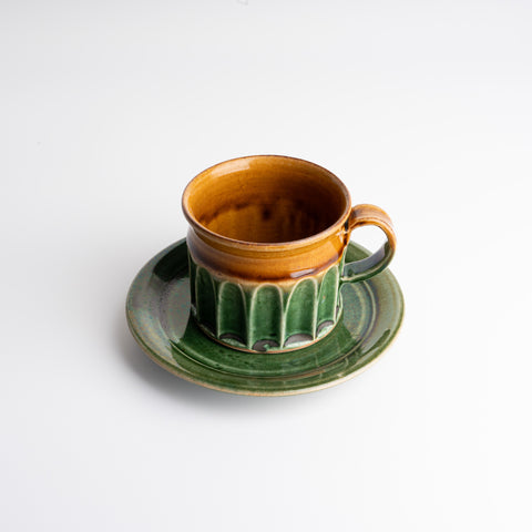 Handmade Crude Ceramic Mug & Saucer - Green