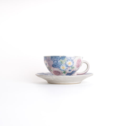 Yuzuriha Handmade Flower Coffee Cup With Saucer Set - 青彩ローズ