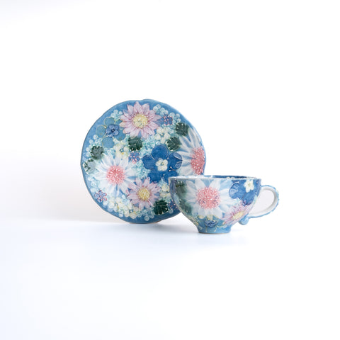 Yuzuriha Handmade Flower Coffee Cup With Saucer Set - 青彩輪花