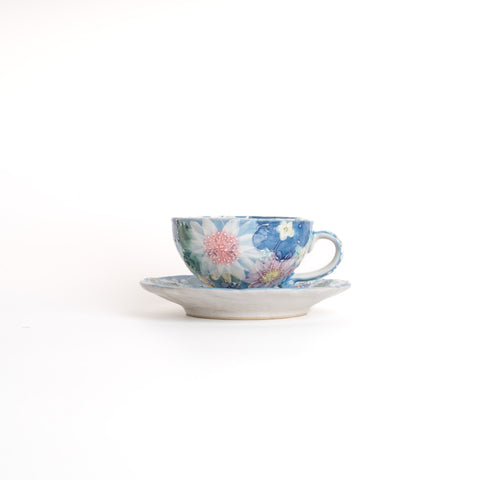 Yuzuriha Handmade Flower Coffee Cup With Saucer Set - 青彩輪花