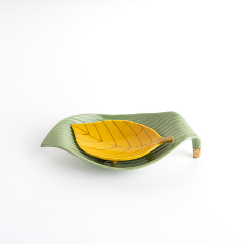 Kouringama leaf-shape shallow plate (Green with metal gold)